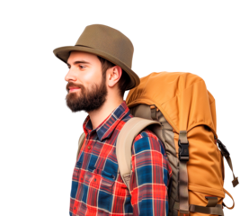 Traveler carrying a backpack on transparent background