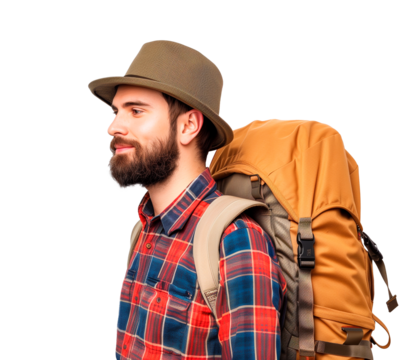 Traveler carrying a backpack on transparent background