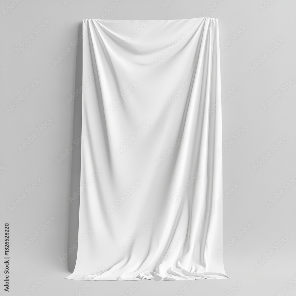 Poster white fabric drape on grey background: minimalist mockup display for product presentation or artisti