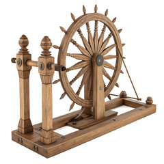 Traditional spinning wheel (charkha) made of wood, isolated on a white background, detailed and historical