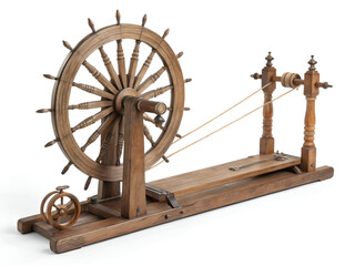 Traditional spinning wheel (charkha) made of wood, isolated on a white background, detailed and historical