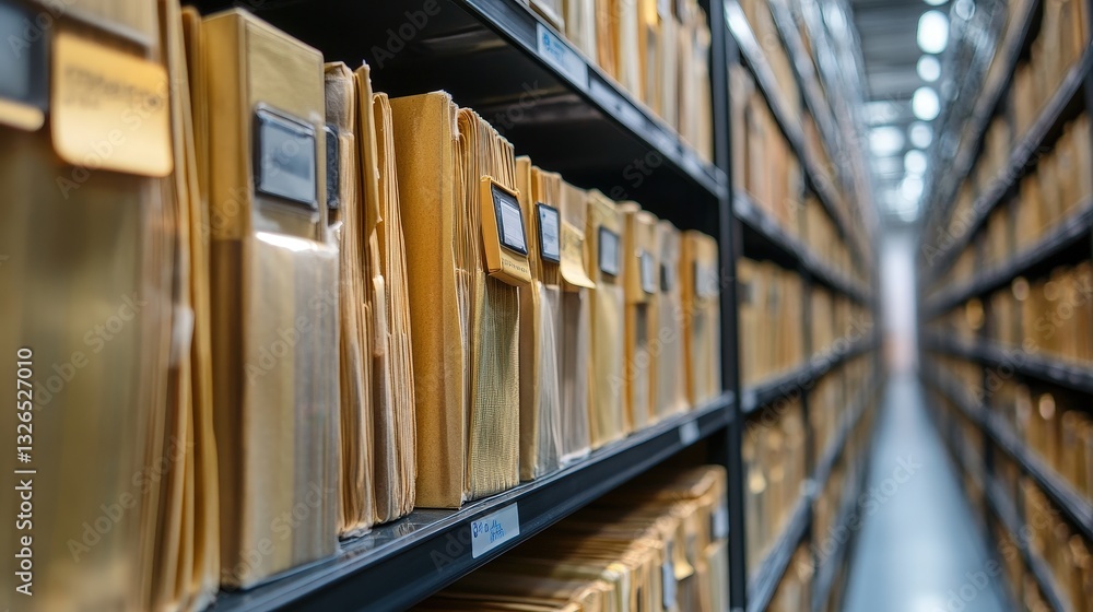 Poster a well-organized archive of file folders lined on shelves, showcasing a structured storage system fo