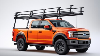 Bright Orange Pickup Truck with Ladder Rack on White Background