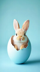 Obraz premium Adorable bunny inside large pastel egg shell, concept of Easter 