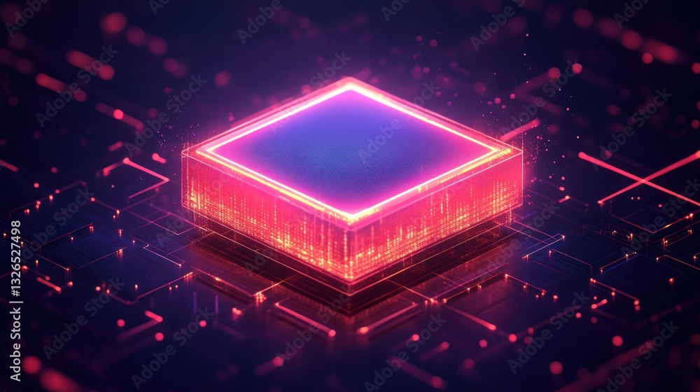 Poster glowing cube on circuit board.