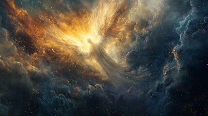 Obraz premium Abstract Representation of a Celestial Being Emerging from a Cosmic Nebula in a Vibrant Galaxy