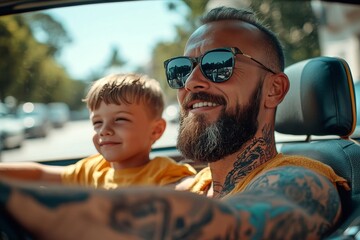 a father and son enjoying a sunny day out in a car, with a candid expression on their faces