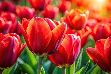 Fototapeta premium Spring's fiery kiss: a macro lens reveals the intricate details of a blooming red tulip.