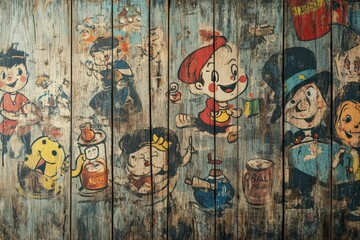 Fototapeta premium Colorful vintage cartoon characters painted on wooden planks of boards