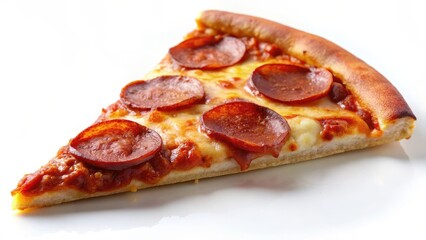 A perfectly cooked slice of pepperoni pizza on a white background, highlighting its juicy tomato sauce and melted mozzarella cheese, appetizer, pizza slice