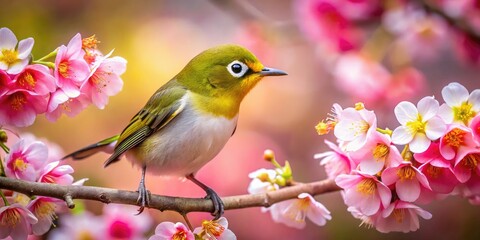 Spring's vibrant cherry blossoms frame a Japanese White-eye, a captivating bird photograph.