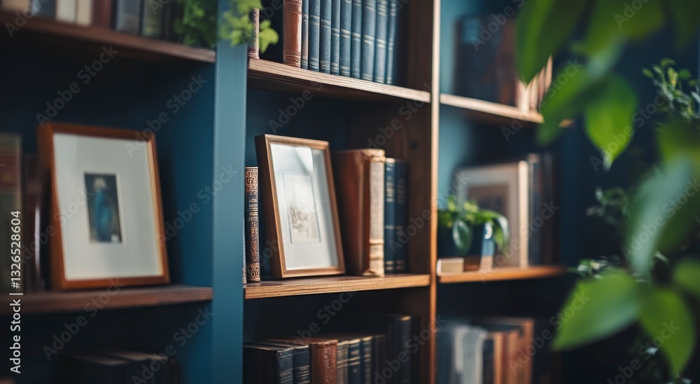 Aufkleber bookshelf displaying framed artwork and books in a home library setting