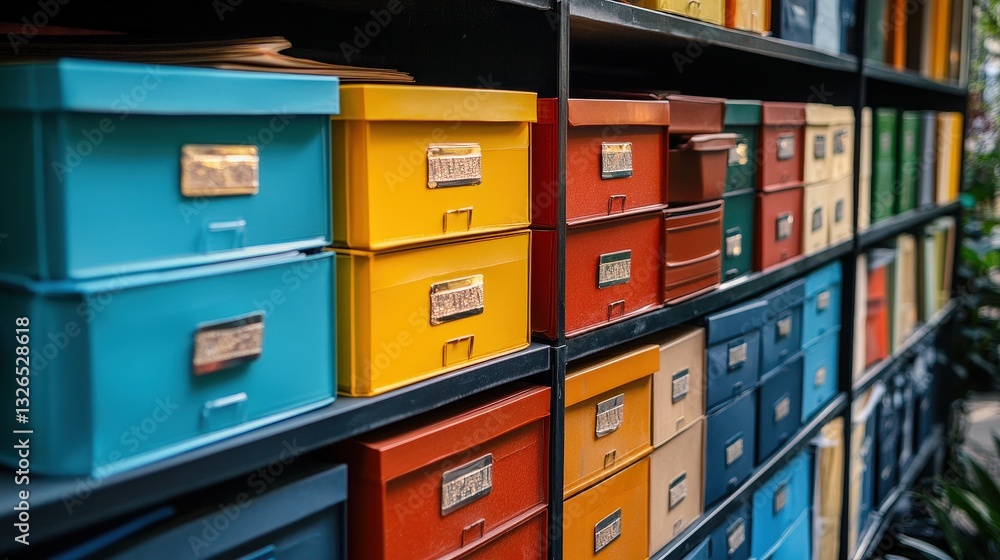 Poster a vibrant display of colorful storage boxes arranged neatly on shelves, showcasing an organized and 