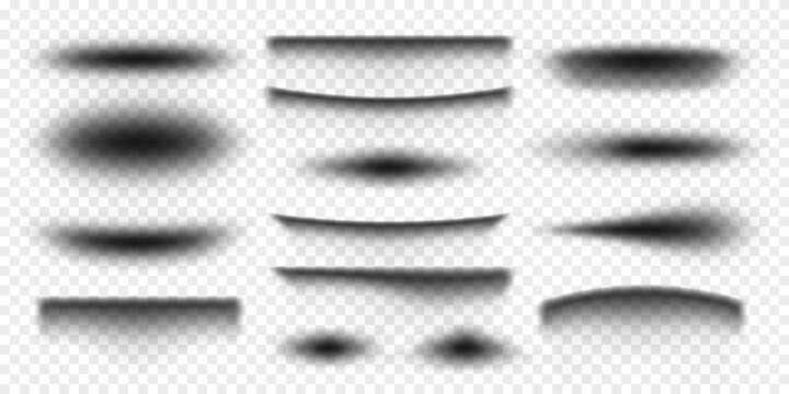 Set of various realistic soft black shadow effect vector illustration on transparent background
