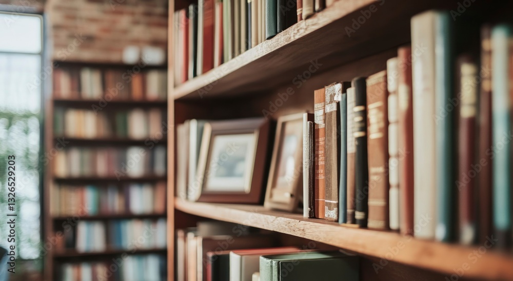 Poster bookshelf with old books and picture frames in a library setting