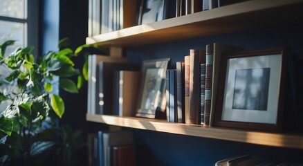 Bookshelf with Books and Picture Frames in Home Interior with Plant