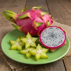 Isolated pink dragonfruit slices, a tropical and healthy food, show ripe red seeds against a stark...