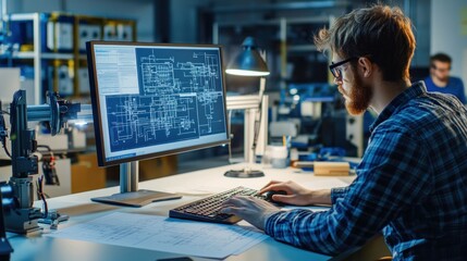 Focused male engineer working on technical blueprints at a modern office, showcasing creativity and precision in a collaborative workspace