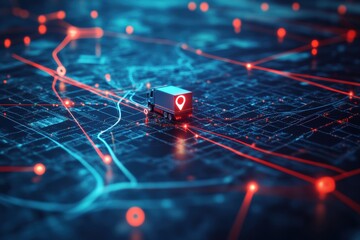 Digital map showing courier operations with highlighted routes and location Generative AI