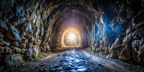 Naklejka premium A beam of light shines brightly through a dark and narrow tunnel, illuminating the surrounding rocks and debris , geological feature, bright spot