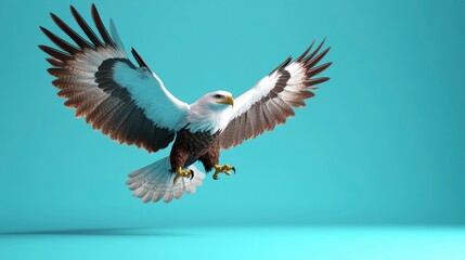 Fototapeta premium Majestic bald eagle in flight against a vibrant teal background.