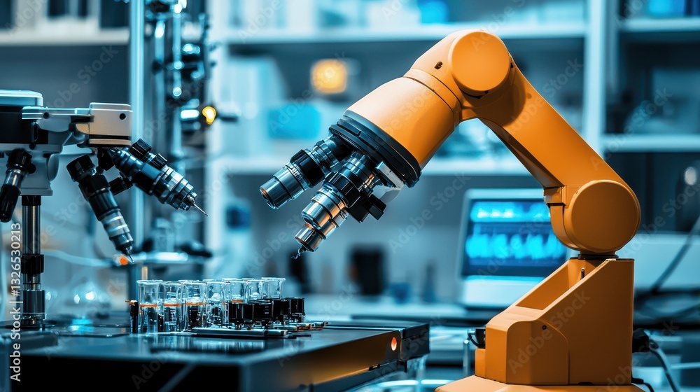 Poster robotic arm and microscope in modern laboratory environment