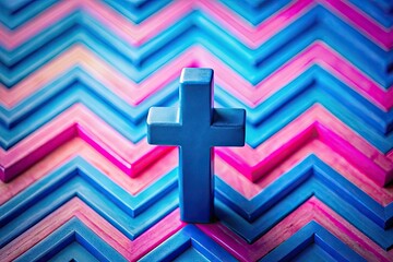 Obraz premium Tilt-shift photography captures a modern, pink-blue chevron cross; abstract religious art expressing faith.
