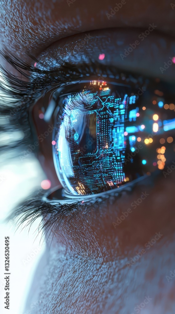Poster close-up of eye reflecting digital technology and data visualizations
