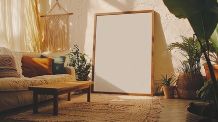 A cozy living room, empty white photo frame leaning against a cream-colored textured wall. 