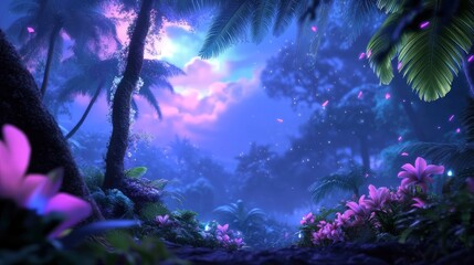 Magical twilight scene in a lush, vibrant jungle with glowing flowers and fireflies.