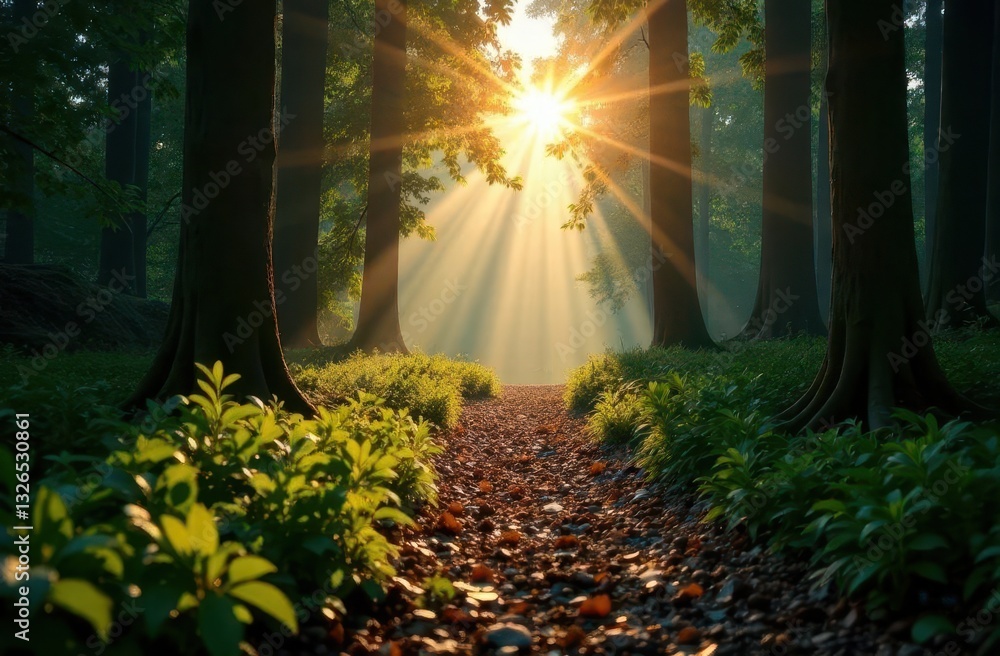 Poster Sunlight filters through trees illuminating a tranquil forest path in morning