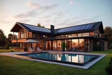 Naklejka premium Modern eco-friendly home with solar panels and pool at sunset