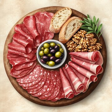 sliced sausages, salami, and bread on a wooden serving board