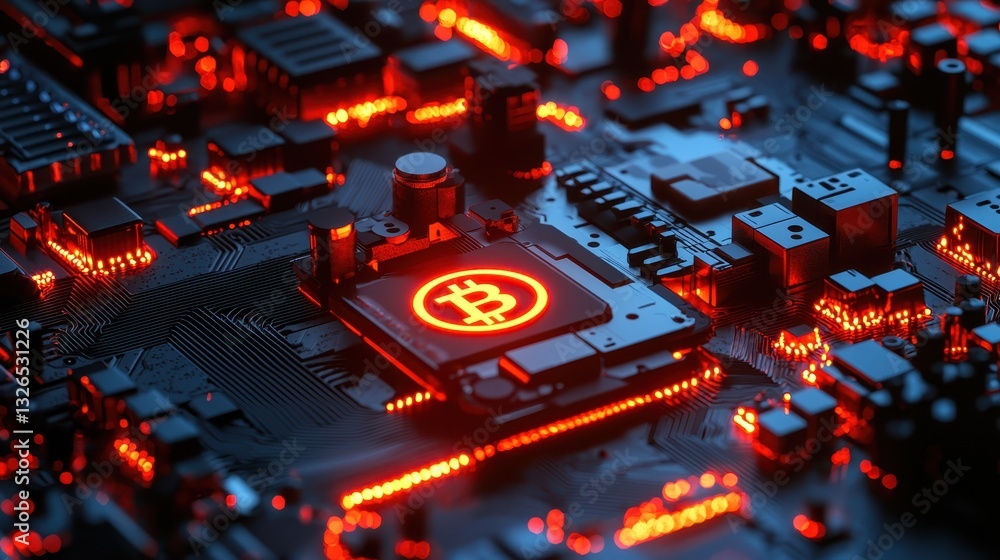 Aufkleber digital circuit board with glowing bitcoin symbol on black surface