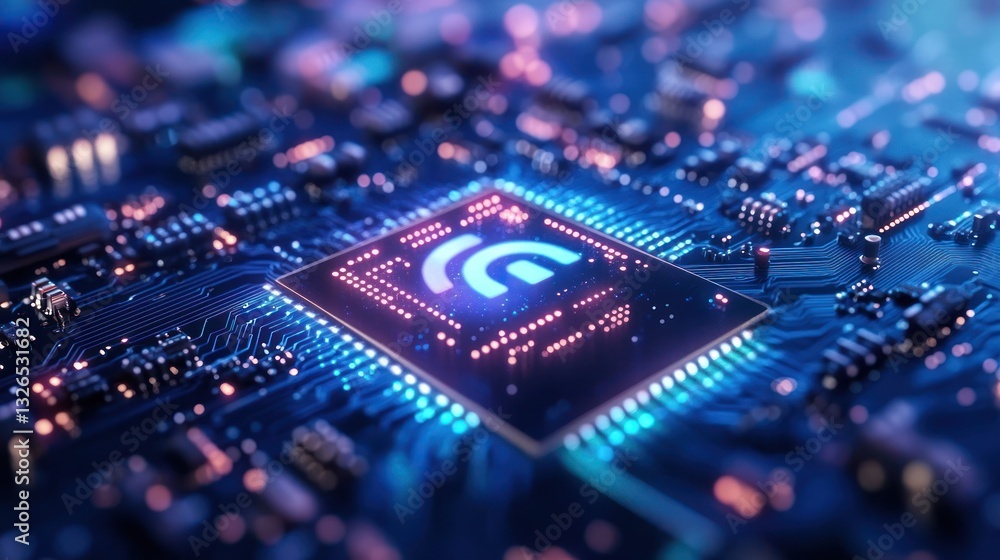 Poster illuminated cpu with glowing symbol on circuit board.