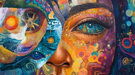 Fototapeta premium Colorful Abstract Portrait of a Multicultural Woman with Vibrant Expression and Dreamlike Elements