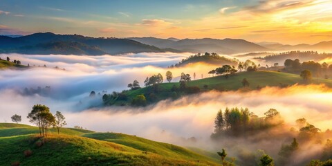 A serene hillside landscape with misty fog rolling in at dawn , morning mist, natural beauty