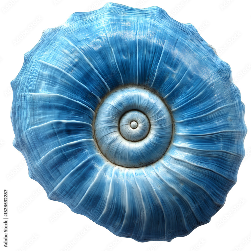 Poster close-up of a blue spiral shell with intricate textured details