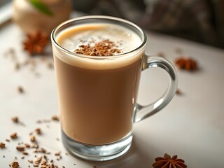 Delicious Latte Coffee Beverage with Cinnamon & Star Anise, Coffee Cup Drink Macro Shot, Cozy Background, Gourmet Beverage.