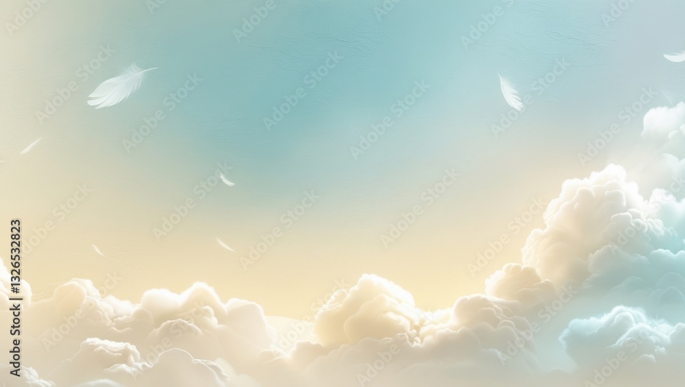 Poster serene pastel sky with floating feathers and soft clouds