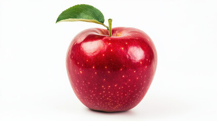 vibrant red apple with single green leaf isolated on white