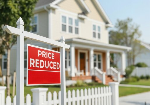 Red price reduced sign stands in front of suburban home with white picket fence, signaling a buying opportunity