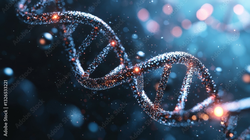 Poster closeup striking dna double helix with each strand and spheres clearly visible against a soft dark b