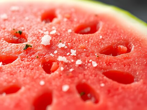 Close-up of a fresh juicy watermelon slice sprinkled with coarse salt, summertime snack, healthy food.
