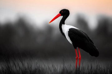 Obraz premium Black stork standing in grass at sunset with desaturated background