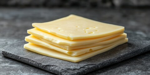 Layers of creamy cheese stacked on a dark slate plate in a kitchen setting during daylight