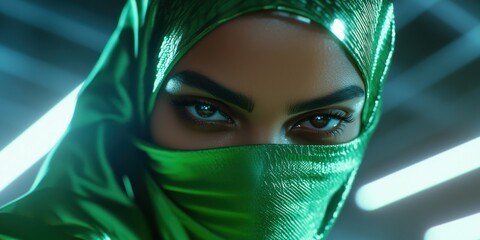 Bold fashion statement with vibrant green attire and captivating gaze during an artistic display