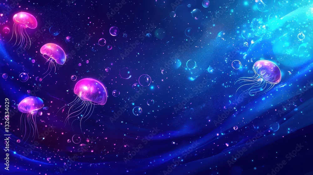 Poster colorful jellyfish floating in abstract oceanic background