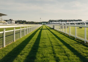 Long shadows stretching across a lush green racecourse, bordered by white fences, on a sunny day