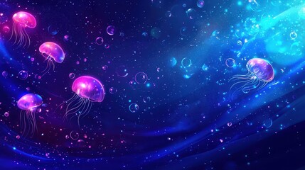 Naklejka premium Colorful Jellyfish Floating in Abstract Oceanic Background